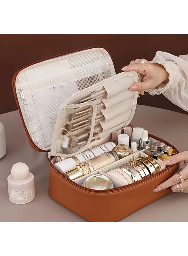 Beige Large Capacity Detachable Makeup Bag Travel Cosmetic Organizer With Brush Pouch - Image 5